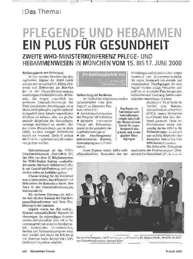 Vorschauseite 1: PFLEGENDE UND HEBAMMENEIN PLUS FÜR GESUNDHEITZWEITE WHO-MINISTERKONFERENZ PFLEGE- UND HEBAMMENWESEN IN MÜNCHEN VOM 15. BIS 17. JUNI 2000