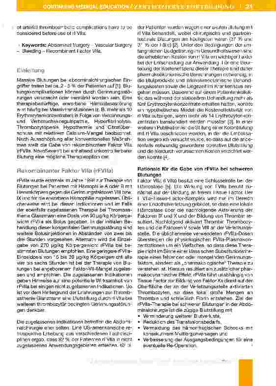 Vorschauseite 2: Therapie massiver Blutungen mit rekombinantem Faktor Vlla in der Abdominalund Gefäßchirurgie bei Erwachsenen