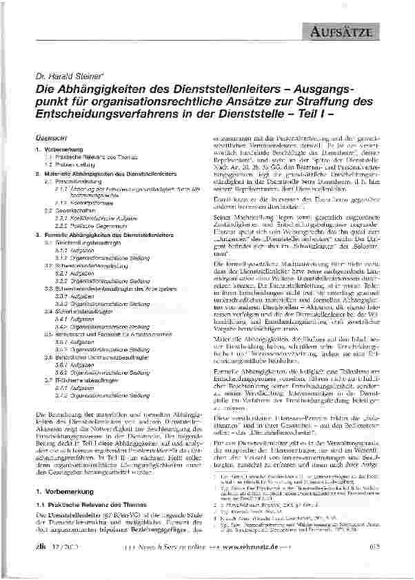 Vorschauseite 1: Die Abhängigkeiten des Dienststellenleiters - Ausgangspunkt für organisationsrechtliche Ansätze zur Straffung des Entscheidungsverfahrens in der Dienststelle - Teil I -