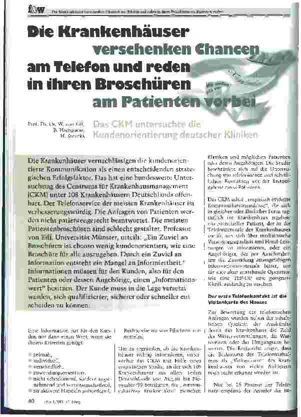Vorschauseite 1: Die Krankenhäuser verschenken Chancen am Telefon und reden in ihren Broschüren am Patienten vorbei Das CKM untersuchte die Kundenorientierung deutscher Kliniken