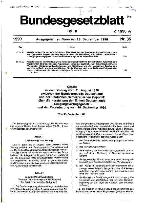Vorschauseite 1: Bundesgesetzblatt Teil II - Gesetz zu dem Vertrag vom 31.8.1990 zwischen BRD und DDR über die Herstellung der Einheit Deutschlands