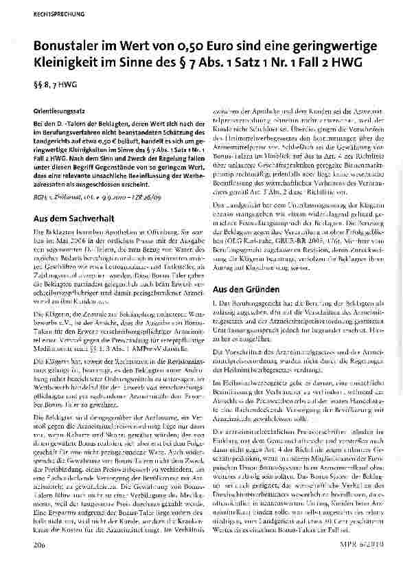 Vorschauseite 1: Bonustaler im Wert von 0,50 Euro sind eine geringwertige Kleinigkeit im Sinne des § 7 Abs. 1 Satz 1 Nr. 1 Fall 2 HWG§§ 8, 7 HWG