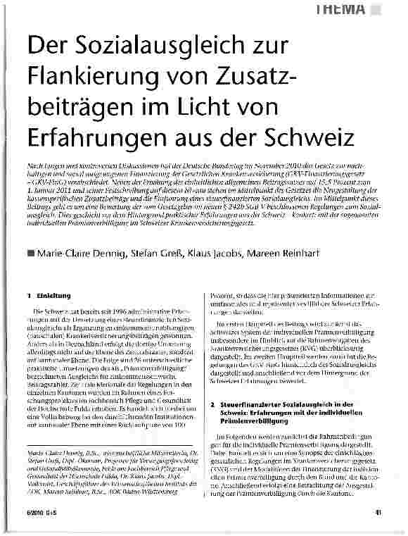 Vorschauseite 1: Der Sozialausgleich zur Flankierung von Zusatzbeiträgen im Licht von Erfahrungen aus der Schweiz