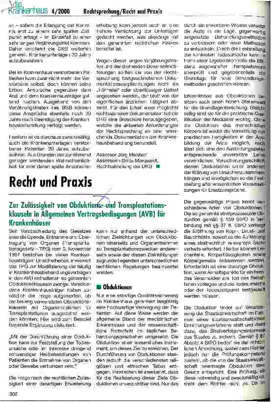 Vorschauseite 1: Zur Zulässigkeit von Obduktionsund Transplantationsklauseln in Allgemeinen Vertragsbedingungen