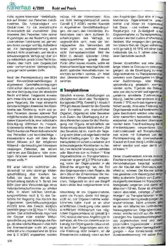 Vorschauseite 5: Zur Zulässigkeit von Obduktionsund Transplantationsklauseln in Allgemeinen Vertragsbedingungen