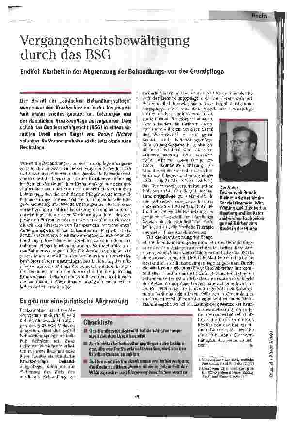 Vorschauseite 1: Vergangenheitsbewältigung durch das BSG Endlich Klarheit in der Abgrenzung der Behandlungsvon der Grundpflege
