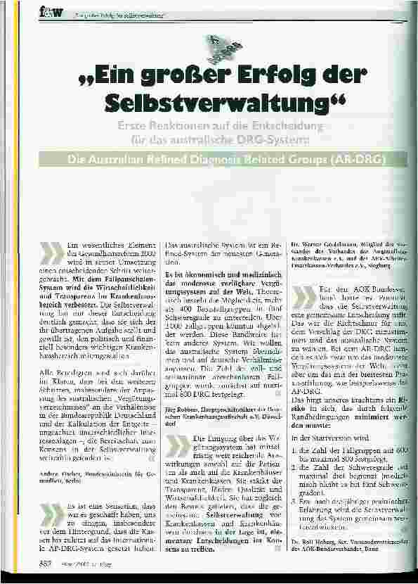 Vorschauseite 1: Ein großer Erfolg der Selbstverwaltung Die Australian Refined Diagnosis Related Groups (AR-DRG)