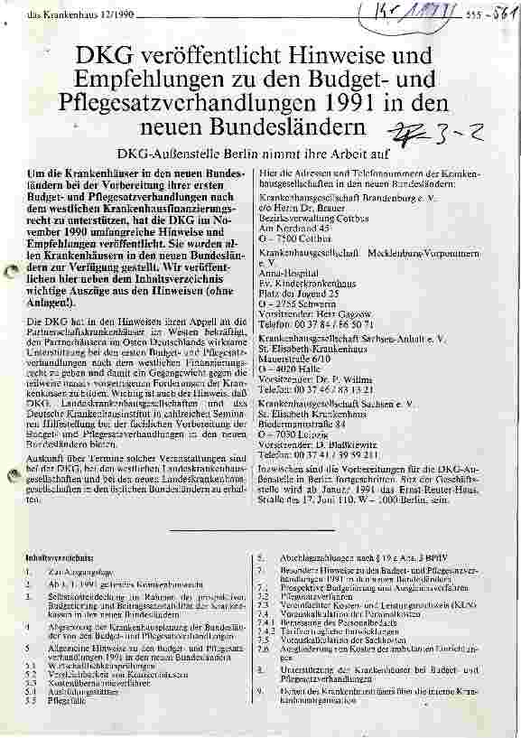 Vorschauseite 1: DKG veröffentlicht Hinweise und Empfehlungen zu den Budgetund Pflegesatzverhandlungen 1991 in den neuen Bundesländern