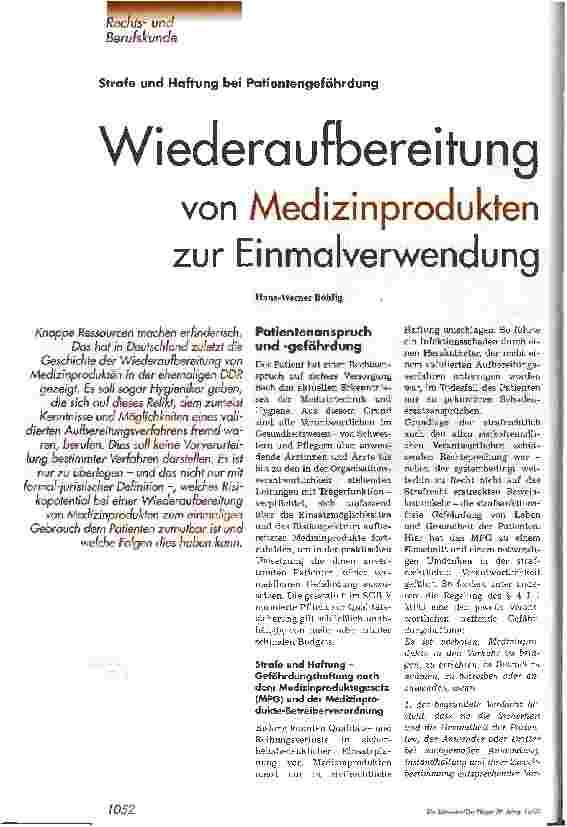 Vorschauseite 1: Wiederaufbereitung von Medizinprodukten zur Einmalverwendung Strafe und Haftung bei Patientengefährdung