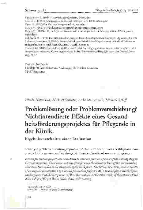 Vorschauseite 1: Problemlösung oder Problemverschiebung? Nichtintendierte Effekte eines Gesund-heitsförderungsprojektes für Pflegende in der Klinik.