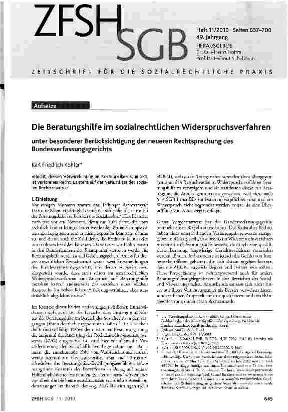Vorschauseite 1: Die Beratungshilfe im sozialrechtlichen Widerspruchsverfahren unter besonderer Berücksichtigung der neueren Rechtsprechung des Bundesverfassungsgerichts