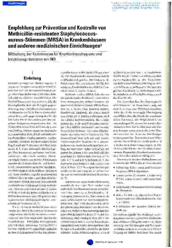 Vorschauseite 1: Empfehlung zur Prävention und Kontrolle von Methicillin-resistenten Staphylococcus-aureus-Stämmen (MRSA) in Krankenhäusern und andere medizinischen Einrichtungen