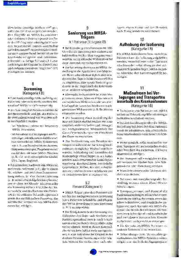 Vorschauseite 3: Empfehlung zur Prävention und Kontrolle von Methicillin-resistenten Staphylococcus-aureus-Stämmen (MRSA) in Krankenhäusern und andere medizinischen Einrichtungen
