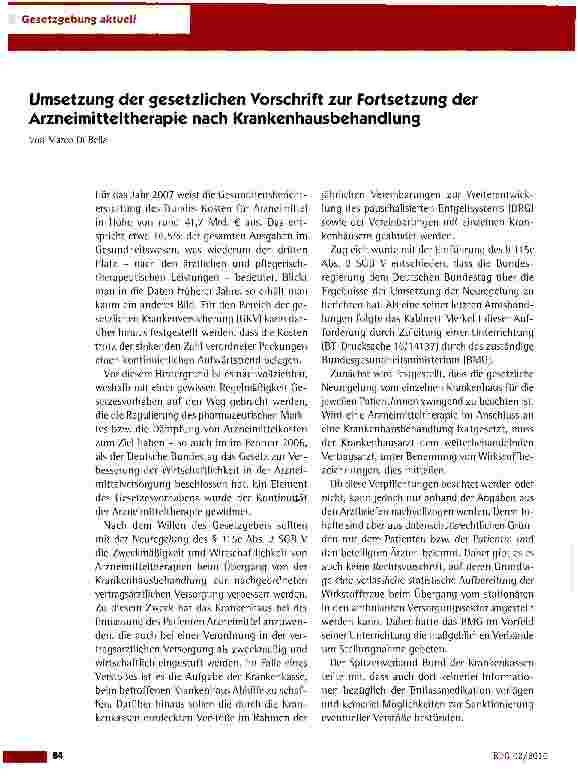 Vorschauseite 1: Umsetzung der gesetzlichen Vorschrift zur Fortsetzung der Arzneimitteltherapie nach Krankenhausbehandlung