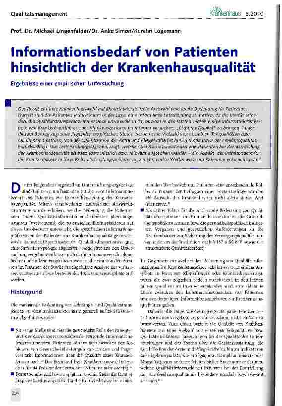 Vorschauseite 1: Informationsbedarf von Patienten hinsichtlich der Krankenhausqualität