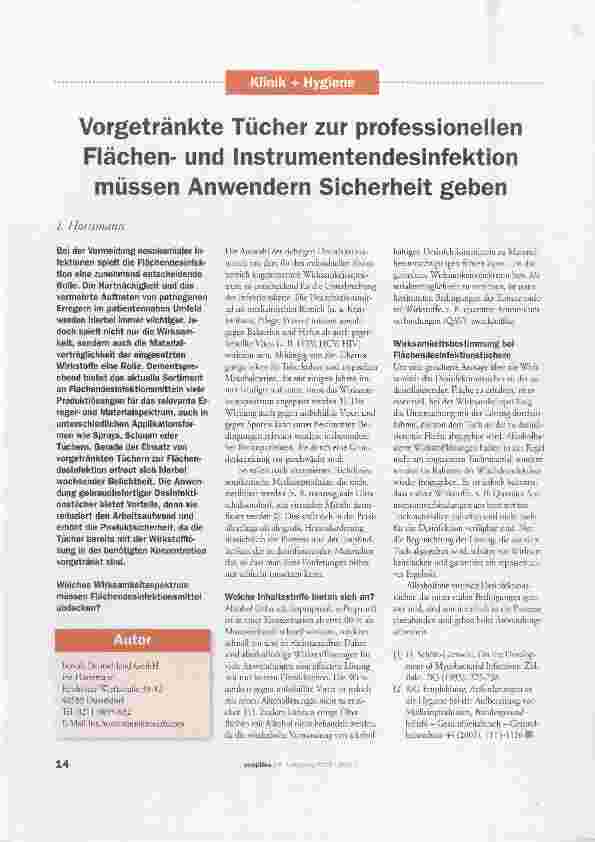 Vorschauseite 1: Vorgetränkte Tücher zur professionellen Flächenund Instrumentendesinfektion müssen Anwendern Sicherheit geben