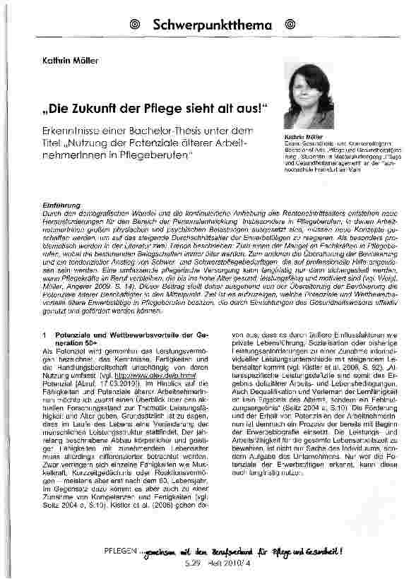Vorschauseite 1: „Die Zukunft der Pflege sieht alt aus! Erkenntnisse einer Bachelor-Thesis unter dem Titel „Nutzung der Potenziale älterer Arbeitnehmerinnen in Pflegeberufen