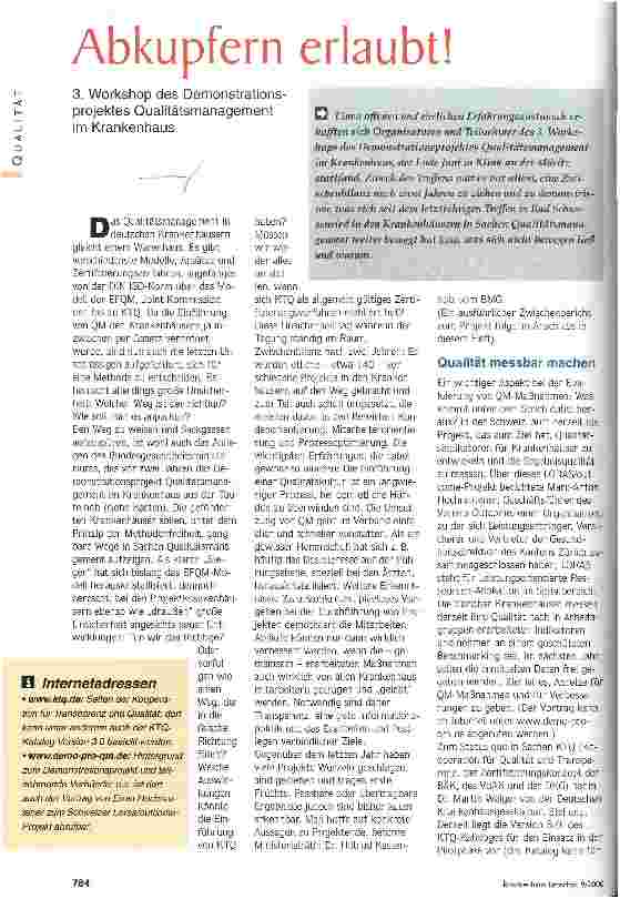 Vorschauseite 1: Abkupfern erlaubt! 3. Workshop des Demonstrationsprojektes Qualitätsmanagement im Krankenhaus