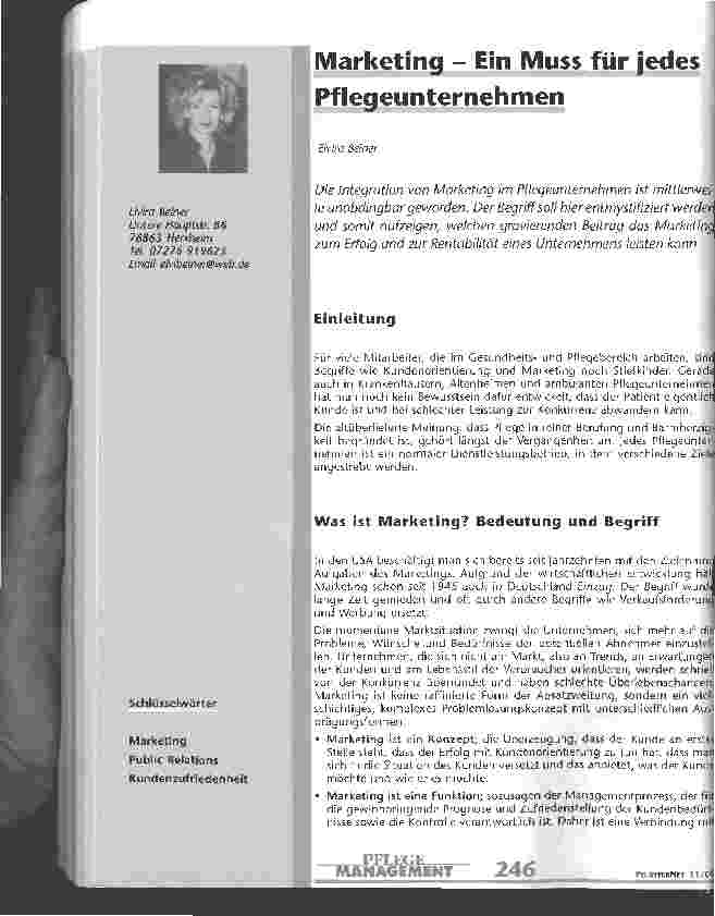 Vorschauseite 1: Marketing - ein muss für jedes Pflegeunternehmen