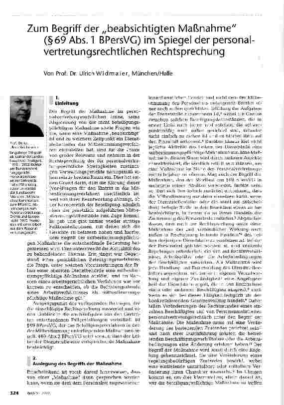 Vorschauseite 1: Zum Begriff der „beabsichtigten Maßnahme (§69 Abs. 1 BPersVG) im Spiegel der personal vertretungsrechtlichen Rechtsprechung
