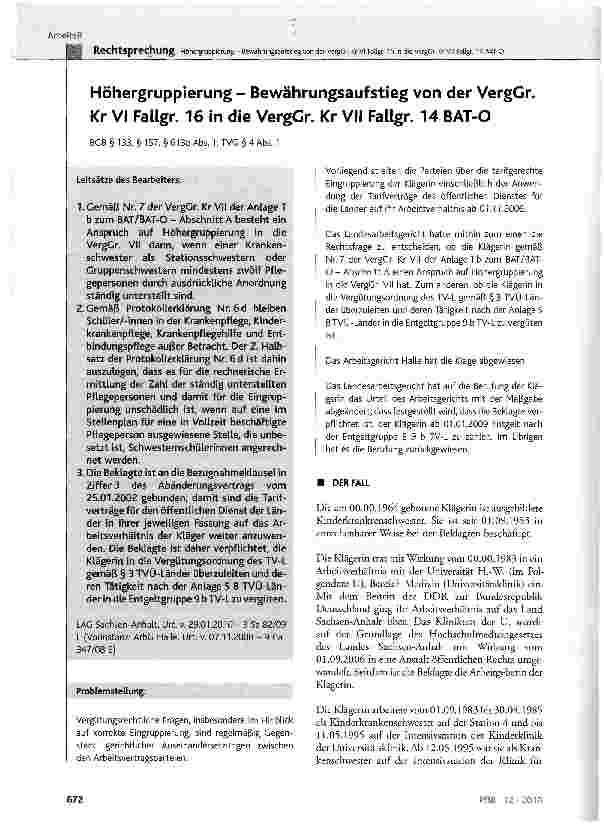 Vorschauseite 1: Höhergruppierung - Bewährungsaufstieg von der VergGr. Kr VI Fallgr. 16 in die VergCr. Kr VII Fallgr. 14 BAT-OBGB § 133, § 157, § 613a Abs. 1; TVC § 4 Abs. 1