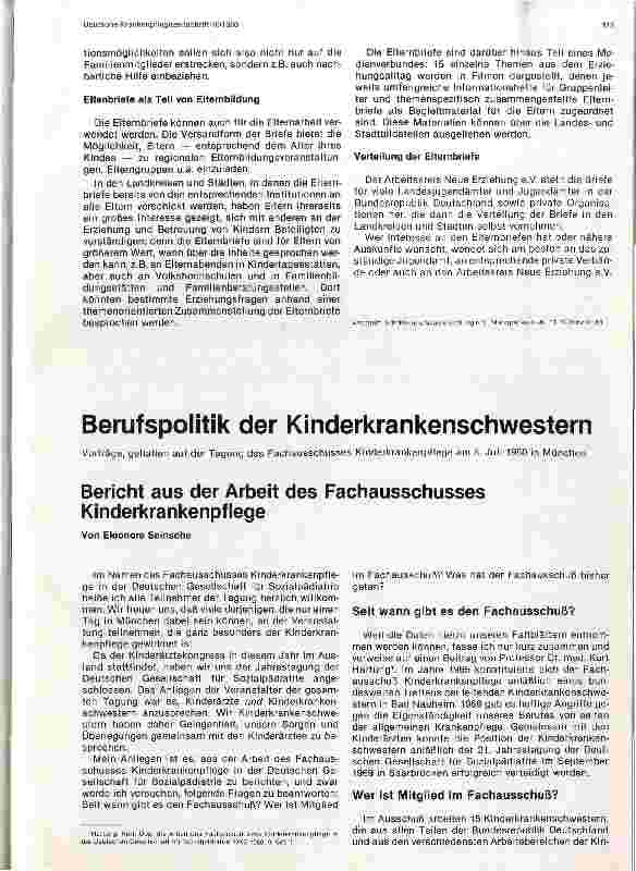 Vorschauseite 1: Berufspolitik der Kinderkrankenschwestern Bericht aus der Arbeit des Fachausschusses Kinderkrankenpflege