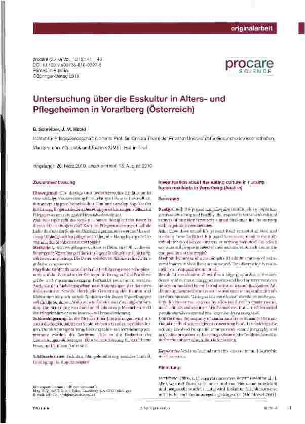 Vorschauseite 1: Untersuchung über die Esskultur in Altersund Pflegeheimen in Vorarlberg (Österreich)