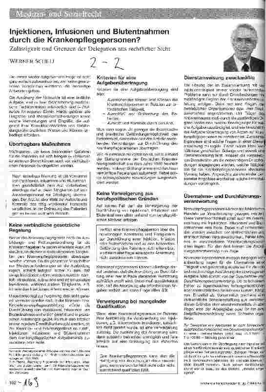 Vorschauseite 1: Injektionen, Infusionen und Blutentnahmen durch die Krankenpflegepersonen? - Zulässigkeit und Grenzen der Delegation aus rechtl. Sicht