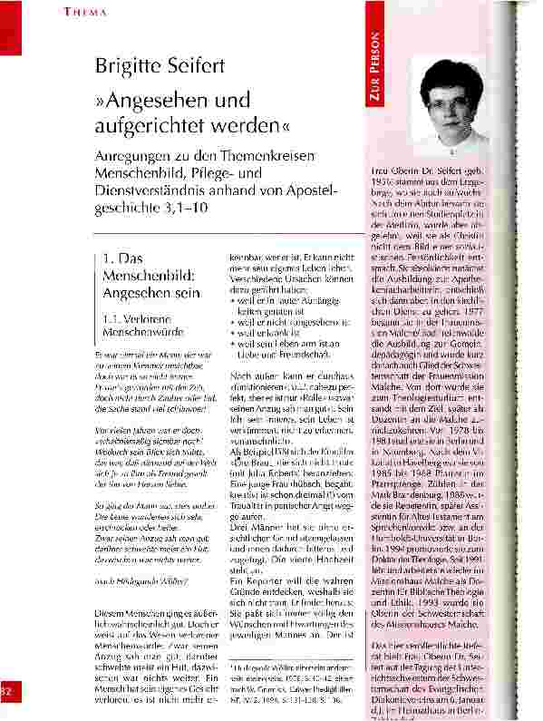 Vorschauseite 1: Angesehen und aufgerichtet werden Anregungen zu den Themenkreisen Menschenbild, Pflegeund Dienstverständnis anhand von Apostelgeschichte 3, 1-10