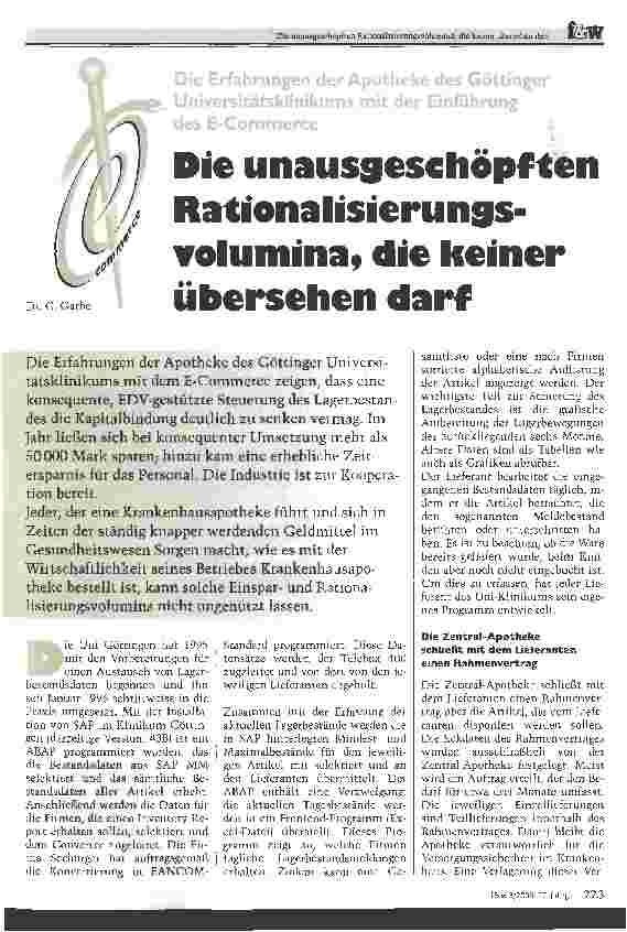Vorschauseite 1: Die unausgeschöpften Rationalisierungsvolumina, die keiner übersehen darf Die Erfahrungen des Göttinger Universitätsklinikums mit der Einführung des E-Commerce