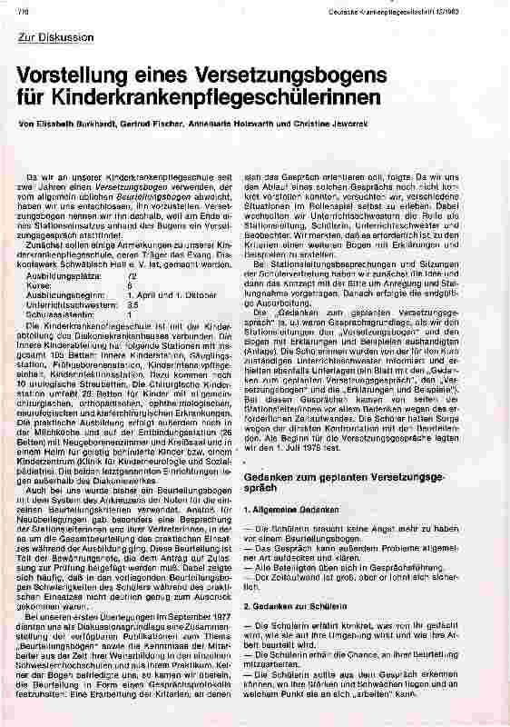 Vorschauseite 1: Vorstellung eines Versetzungsbogens für Kinderkrankenpflegeschülerinnen