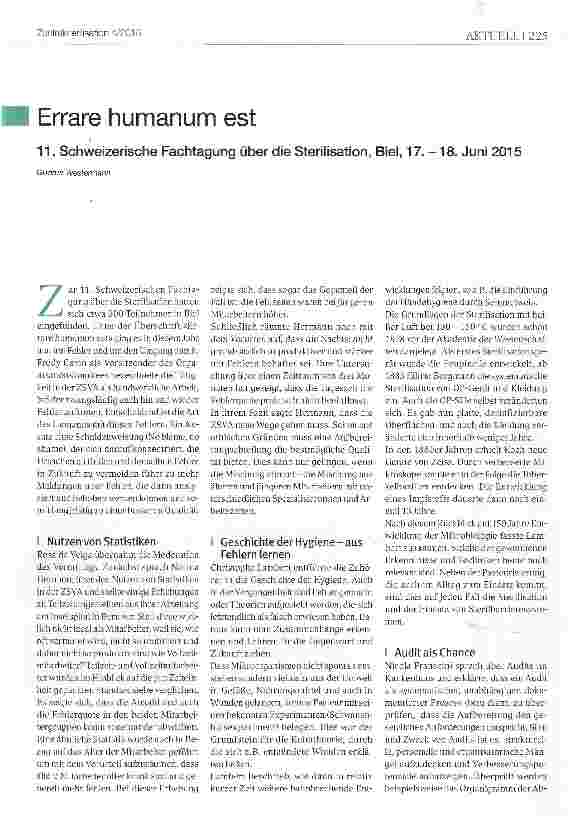 Vorschauseite 1: Errare humanum est11. Schweizerische Fachtagung über die Sterilisation, Biel, 17. -18. Juni 2015