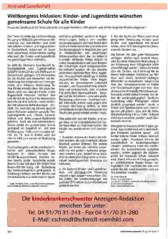 Vorschauseite 1: Weltkongress Inklusion: Kinderund Jugendärzte wünschen gemeinsame Schule für alle Kinder