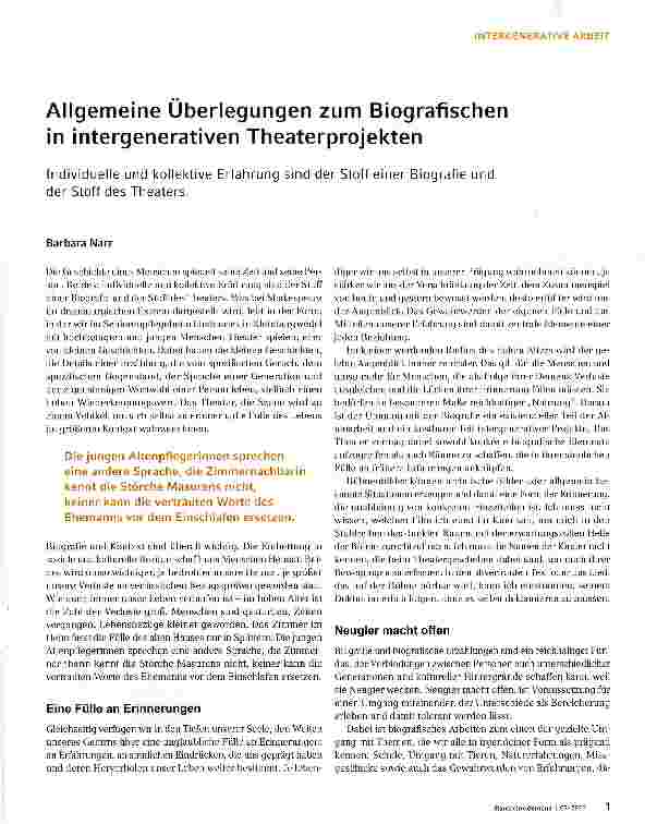 Vorschauseite 1: Allgemeine Überlegungen zum Biografischen in intergenerativen Theaterprojekten