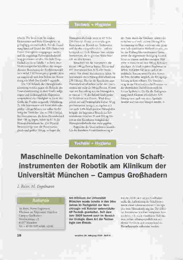 Vorschauseite 1: Maschinelle Dekontamination von Schaftinstrumenten der Robotik am Kiinikum der Universität München - Campus Großhadern