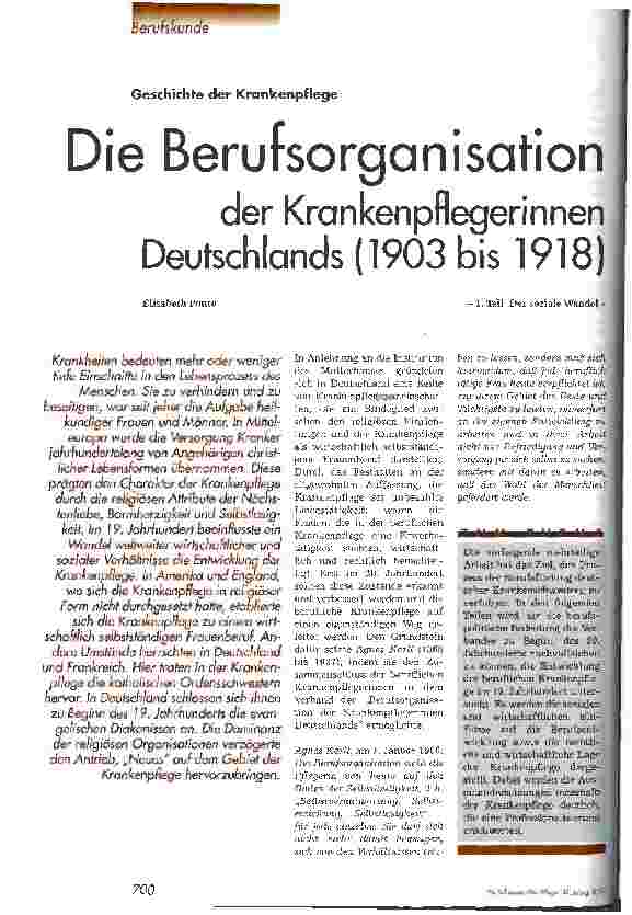 Vorschauseite 1: Die Berufsorganisation der Krankenpflegerinnen Deutschlands (1903 bis 1918) Geschichte der Krankenpflege