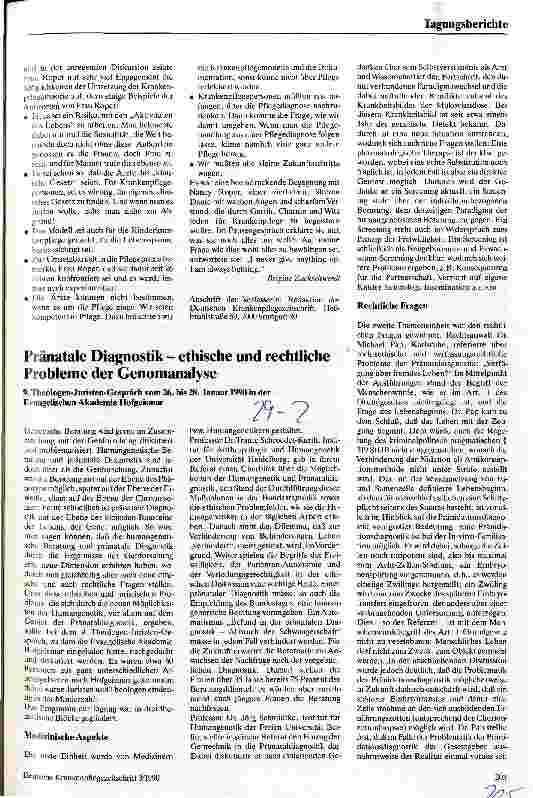 Vorschauseite 1: Pränatale Diagnostik - ethische und rechtliche Probleme der Genomanalyse - 9. Theologen-Juristen-Gespräch in Hofgeismar