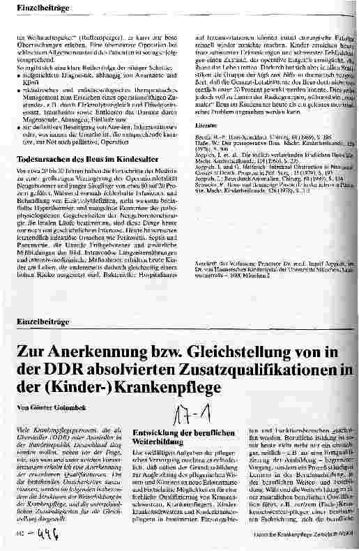 Vorschauseite 1: Zur Anerkennung bzw. Gleichstellung von in der DDR absolvierten Zusatzqualifikationen in der (Kinder-)Krankenpflege
