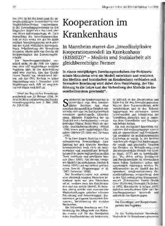 Vorschauseite 1: Kooperation im Krankenhaus In Mannheim startet das Interdisziplinäre Kooperationsmodell im Krankenhaus (KISMED) - Medizin und Sozialarbeit als gleichberechtigte Partner