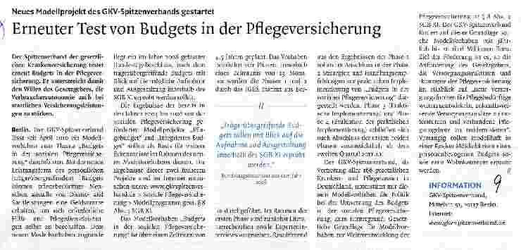 Vorschauseite 1: Erneuter Test von Budgets in der Pflegeversicherung