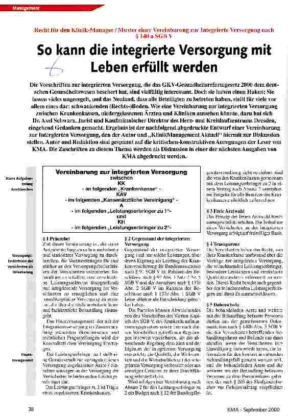 Vorschauseite 1: So kann die integrierte Versorgung mit Leben erfüllt werden Muster einer Vereinbarung zur Integrierten Versorgung nach § 140 a SGB V