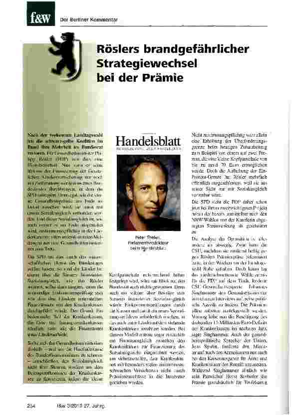 Vorschauseite 1: Röslers brandgefährlicher Strategiewechsel bei der Prämie