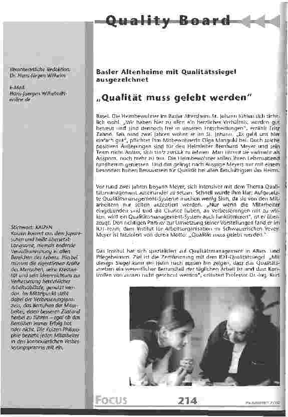 Vorschauseite 1: Qualität muss gelebt werden Basler Altenheime mit Qualitätssiegel ausgezeichnet