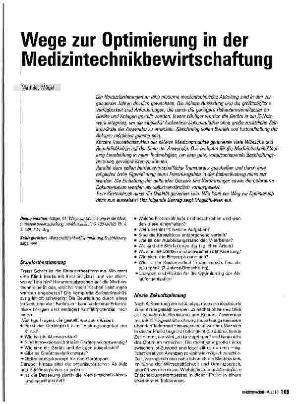 Vorschauseite 1: Wege zur Optimierung in der Medizintechnikbewirtschaftung