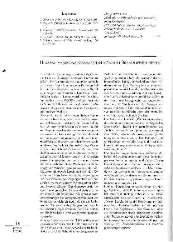 Vorschauseite 1: HUMANE EMBRYONALSTAMMZELLEN KÖNNTEN BRANDOPFERN HELFEN