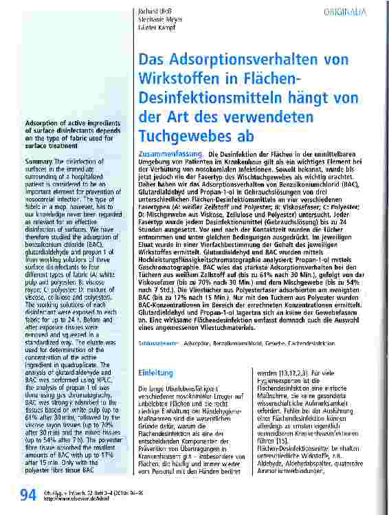 Vorschauseite 1: Das Adsorptionsverhalten von Wirkstoffen in Flächen-Desinfektionsmitteln hängt von der Art des verwendeten Tuchgewebes ab
