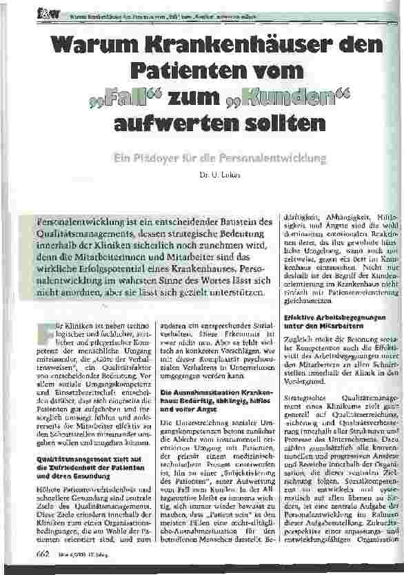 Vorschauseite 1: Warum Krankenhäuser den Patienten vom Fall zum Kunden aufwerten sollten Ein Plädoyer für die Personalentwicklung