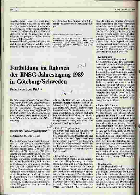 Vorschauseite 1: Fortbildung im Rahmen der ENSG-Jahrestagung 1989 in Göteborg/Schweden Referate zum Thema Pflegeforschung