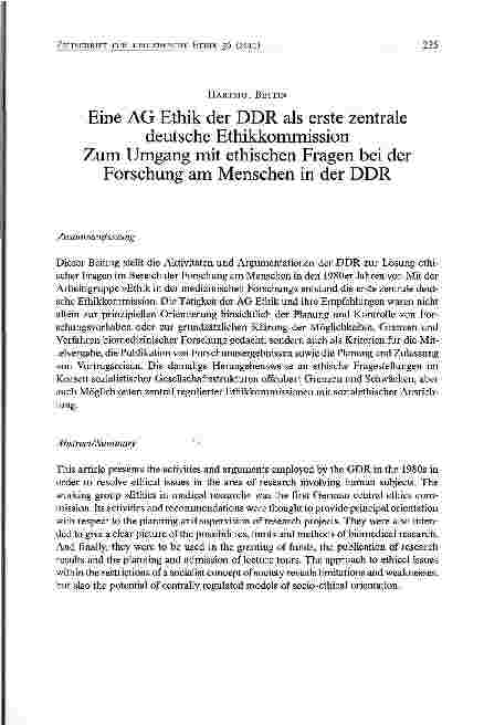 Vorschauseite 1: Eine AG Ethik der DDR als erste zentrale deutsche Ethikkommission Zum Umgang mit ethischen Fragen bei der Forschung am Menschen in der DDR