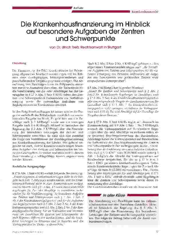 Vorschauseite 1: Die Krankenhausfinanzierung im Hinblick auf besondere Aufgaben der Zentren und Schwerpunkte